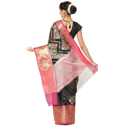 Faishana Presents Black Art Silk Meena Ikat Patola Pattu Banarasi Saree With Maroon Blouse