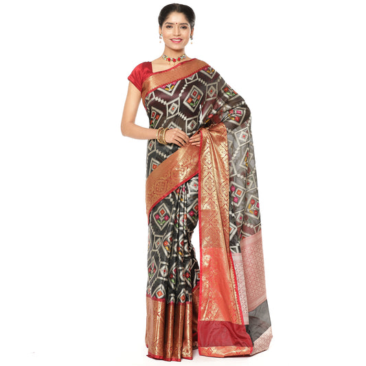 Faishana Black Art Silk Meena Ikat Patola Pattu Banarasi Saree With Maroon Blouse