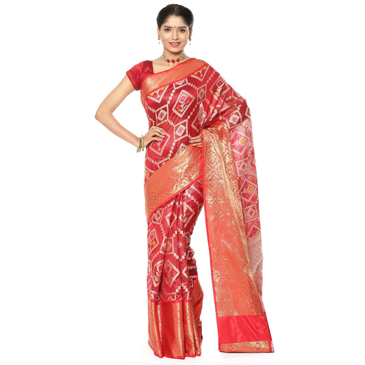 Faishana Presents Maroon Art Silk Meena Ikat Patola Patu Banarasi Saree With Maroon Blouse Piece
