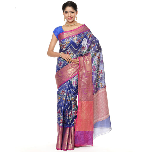 Faishana Presents Blue Art Silk Meena Ikat Patola Pattu Banarasi Saree With Maroon Blouse Piece