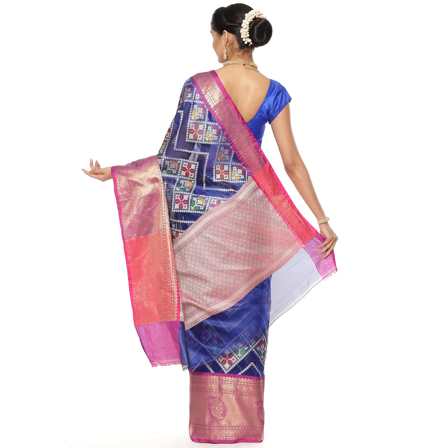Faishana Presents Blue Art Silk Meena Ikat Patola Pattu Banarasi Saree With Maroon Blouse Piece