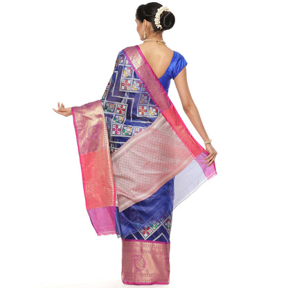 Faishana Presents Blue Art Silk Meena Ikat Patola Pattu Banarasi Saree With Maroon Blouse Piece