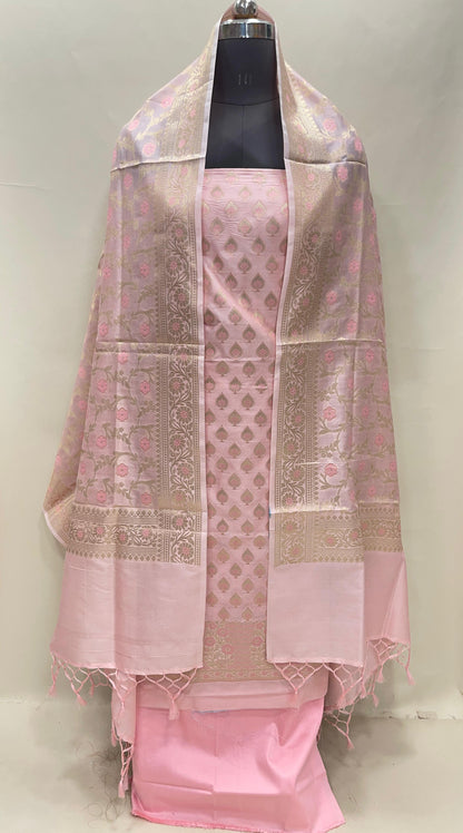 Faishana Presents Baby Pink Semi Katan Silk 3 pcs Suit Set with Plain Bottom and Top Floral Mina Zari Booti with Minakari Jaal Pink Dupatta ASD_117