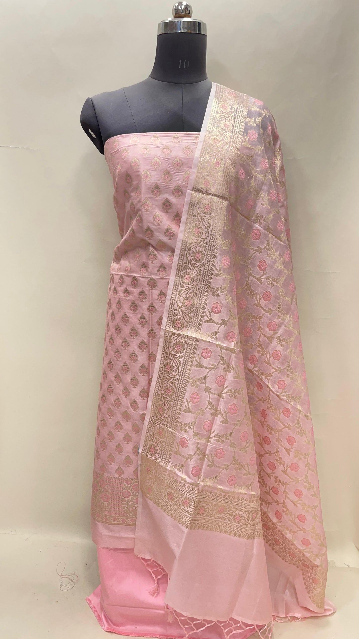 Faishana Presents Baby Pink Semi Katan Silk 3 pcs Suit Set with Plain Bottom and Top Floral Mina Zari Booti with Minakari Jaal Pink Dupatta ASD_117