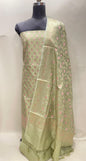 Faishana Presents Pista Green Semi Katan Silk 3 pcs Suit Set with Plain Bottom and Top Floral Mina Zari Booti with Minakari Jaal Pistachio Dupatta ASD_118