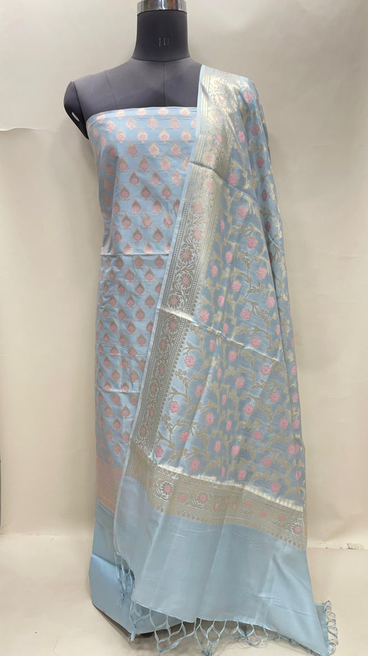 Faishana Presents Light Grey Semi Katan Silk 3 pcs Suit Set with Plain Bottom and Top Floral Mina Zari Booti with Minakari Jaal Light Grey Dupatta ASD_119