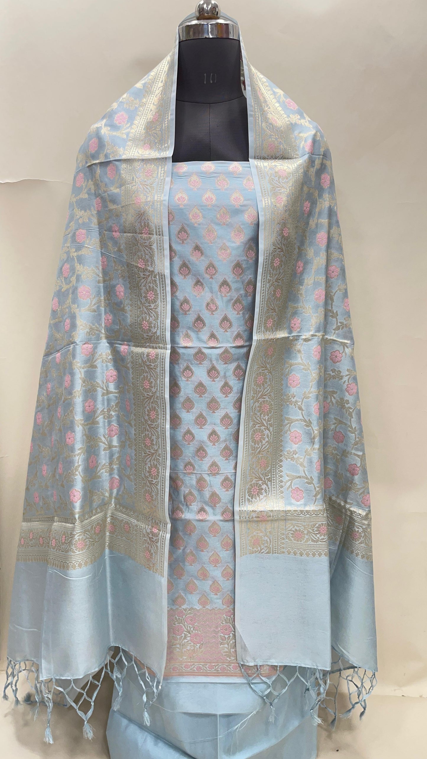 Faishana Presents Light Grey Semi Katan Silk 3 pcs Suit Set with Plain Bottom and Top Floral Mina Zari Booti with Minakari Jaal Light Grey Dupatta ASD_119