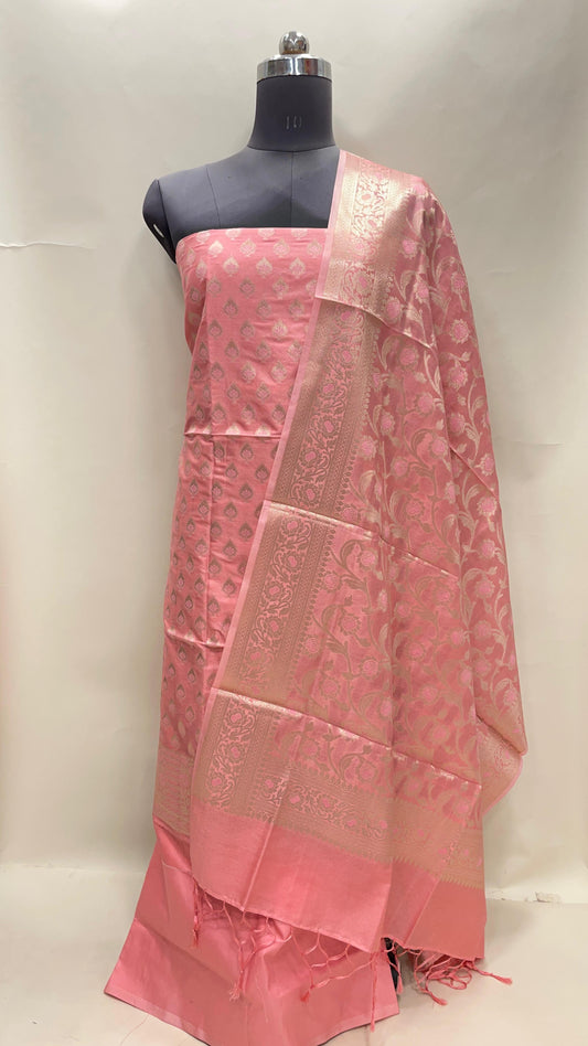Faishana Presents Peach Semi Katan Silk 3 pcs Suit Set with Plain Bottom and Top Floral Mina Zari Booti with Minakari Jaal Peach Dupatta ASD_120