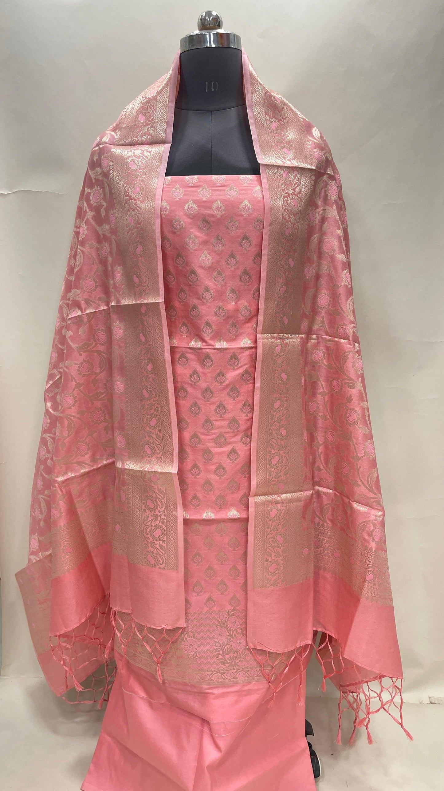 Faishana Presents Peach Semi Katan Silk 3 pcs Suit Set with Plain Bottom and Top Floral Mina Zari Booti with Minakari Jaal Peach Dupatta ASD_120