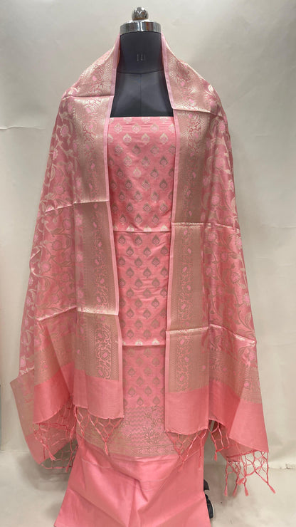 Faishana Presents Peach Semi Katan Silk 3 pcs Suit Set with Plain Bottom and Top Floral Mina Zari Booti with Minakari Jaal Peach Dupatta ASD_120