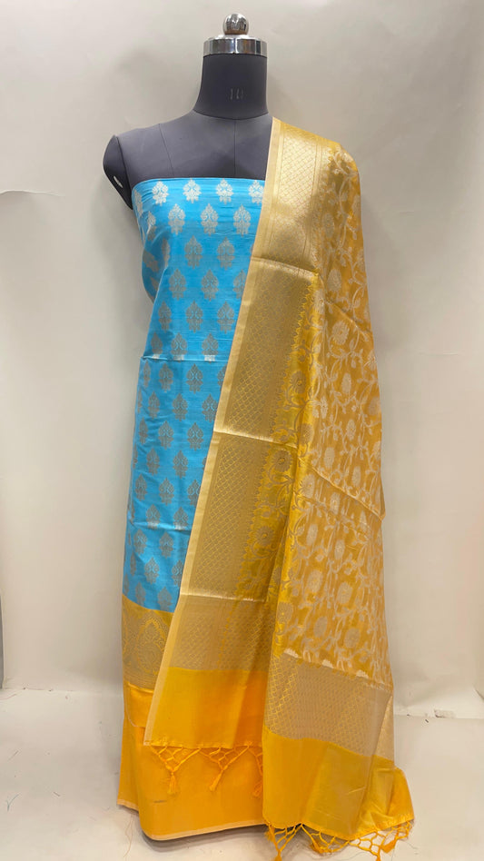 Faishana Presents Blue Semi Katan Silk Floral Zari Booti 3 pcs Suit Set with Contrast Gold Plain Bottom and Tilfi Jaal Gold Dupatta ASD_122