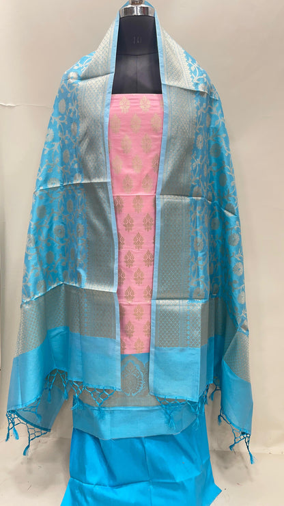 Faishana Presents Baby Pink Semi Katan Silk Floral Zari Booti 3 pcs Suit Set with Contrast Blue Plain Bottom and Tilfi Jaal Blue Dupatta ASD_123