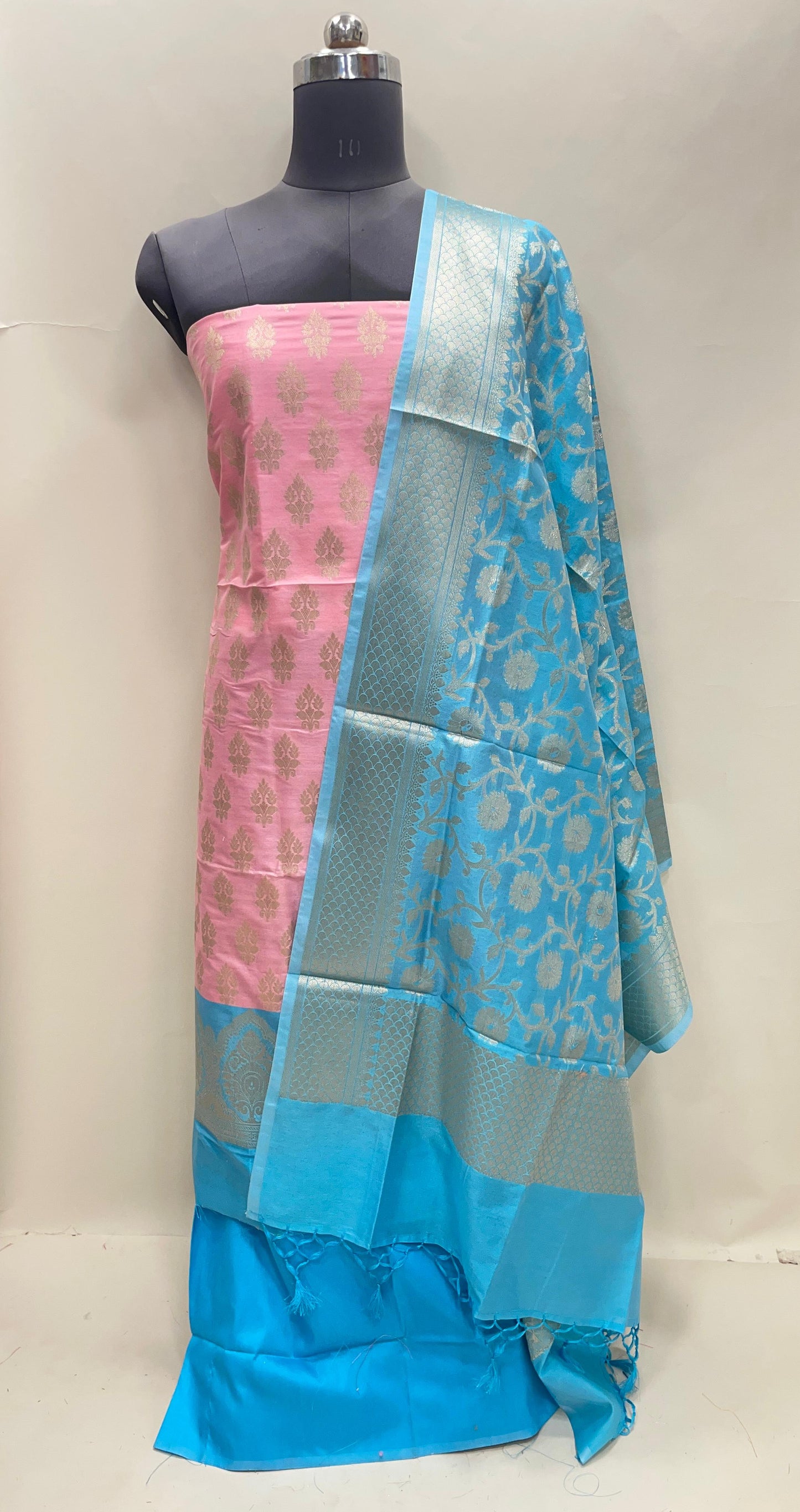 Faishana Presents Baby Pink Semi Katan Silk Floral Zari Booti 3 pcs Suit Set with Contrast Blue Plain Bottom and Tilfi Jaal Blue Dupatta ASD_123