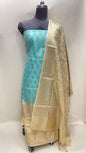 Faishana Presents Light Blue Semi Katan SilkFloral Zari Booti 3 pcs Suit Set with Contrast Beige Plain Bottom and Tilfi Jaal Beige Dupatta ASD_124