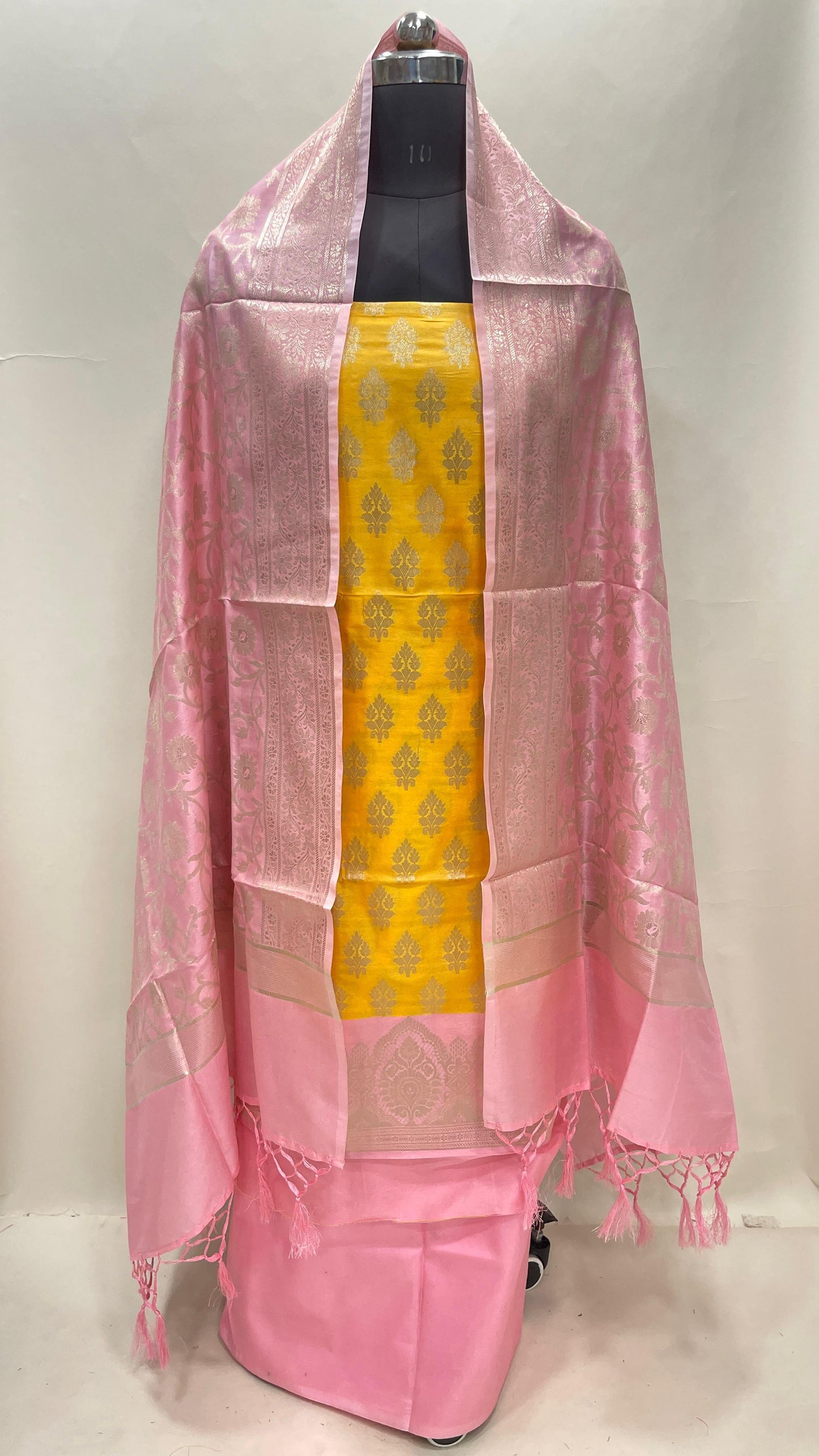 Faishana Presents Gold Semi Katan Silk Floral Zari Booti 3 pcs Suit Set with Contrast Pink Plain Bottom and Tilfi Jaal Baby Pink Dupatta ASD_125