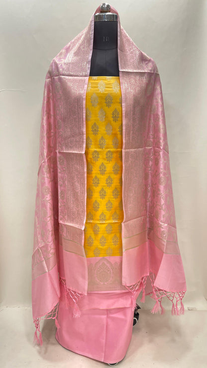 Faishana Presents Gold Semi Katan Silk Floral Zari Booti 3 pcs Suit Set with Contrast Pink Plain Bottom and Tilfi Jaal Baby Pink Dupatta ASD_125