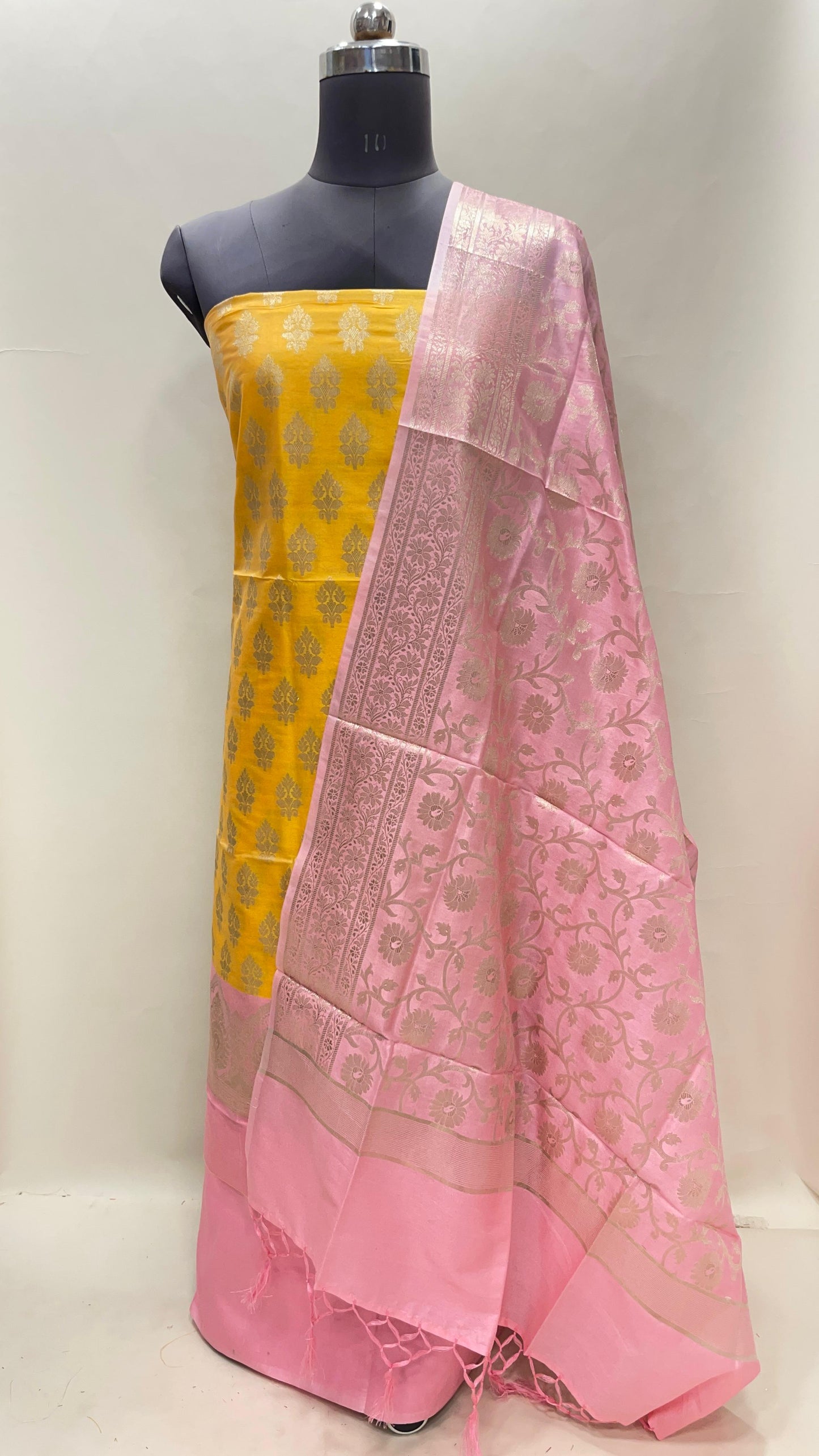Faishana Presents Gold Semi Katan Silk Floral Zari Booti 3 pcs Suit Set with Contrast Pink Plain Bottom and Tilfi Jaal Baby Pink Dupatta ASD_125