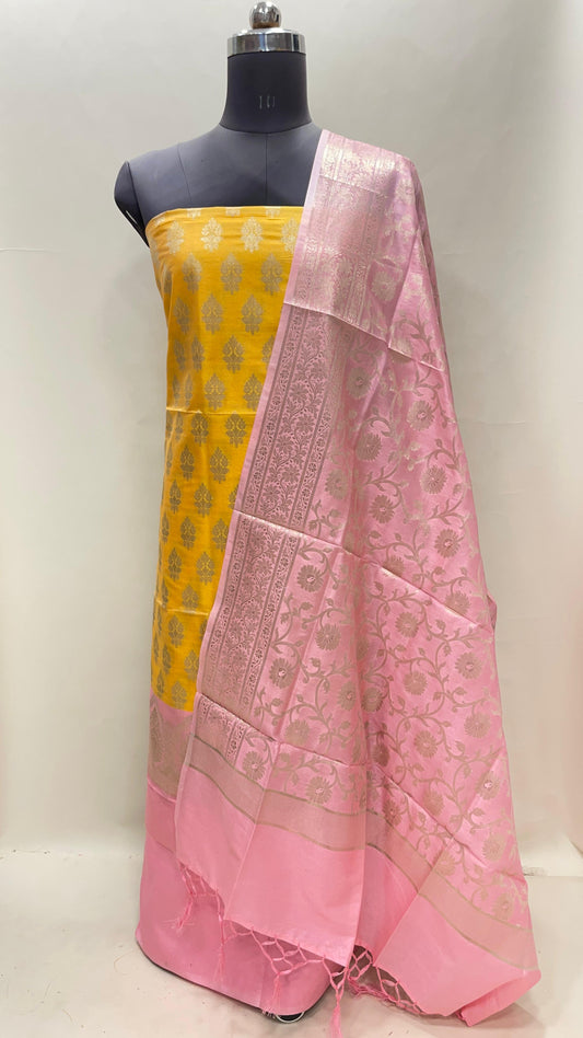 Faishana Presents Gold Semi Katan Silk Floral Zari Booti 3 pcs Suit Set with Contrast Pink Plain Bottom and Tilfi Jaal Baby Pink Dupatta ASD_125