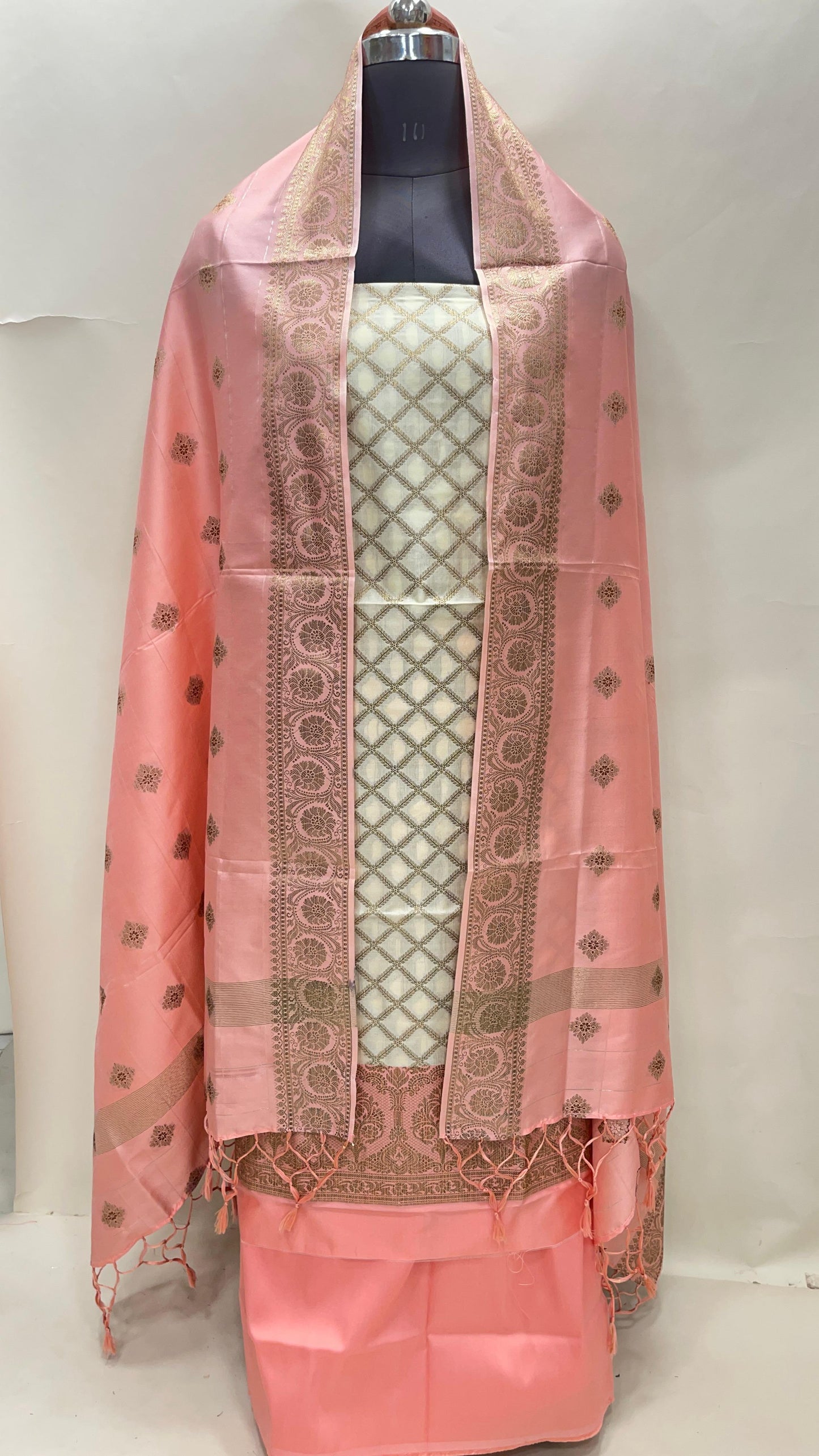 Faishana Presents Off white Semi Katan Silk Checkered Striped 3 pcs Suit Set with Contrast Peach Plain Bottom and Floral Zari Booti Peach Dupatta ASD_127