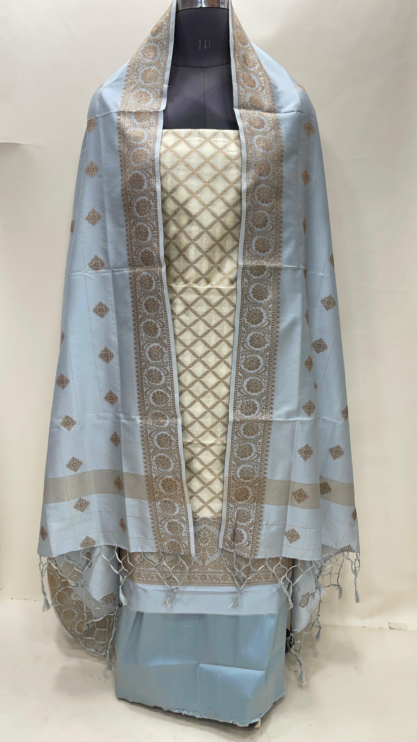 Faishana Presents Off white Semi Katan Silk Checkered Striped 3 pcs Suit Set with Contrast Grey Plain Bottom and Floral Zari Booti Grey Dupatta ASD_128