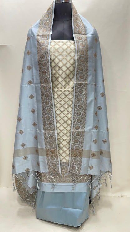 Faishana Presents Off white Semi Katan Silk Checkered Striped 3 pcs Suit Set with Contrast Grey Plain Bottom and Floral Zari Booti Grey Dupatta ASD_128