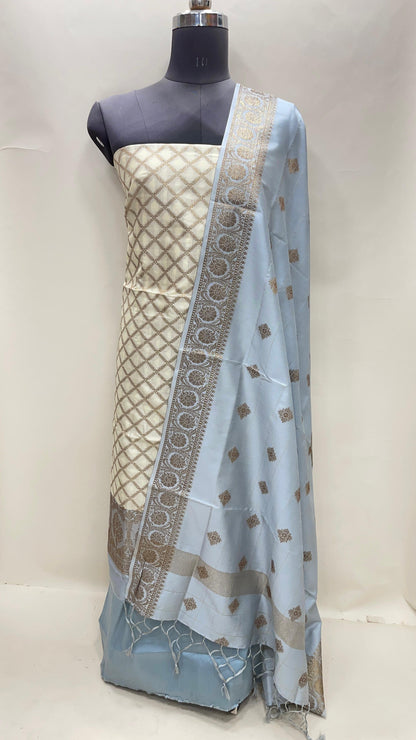 Faishana Presents Off white Semi Katan Silk Checkered Striped 3 pcs Suit Set with Contrast Grey Plain Bottom and Floral Zari Booti Grey Dupatta ASD_128