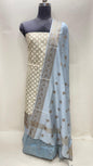 Faishana Presents Off white Semi Katan Silk Checkered Striped 3 pcs Suit Set with Contrast Grey Plain Bottom and Floral Zari Booti Grey Dupatta ASD_128