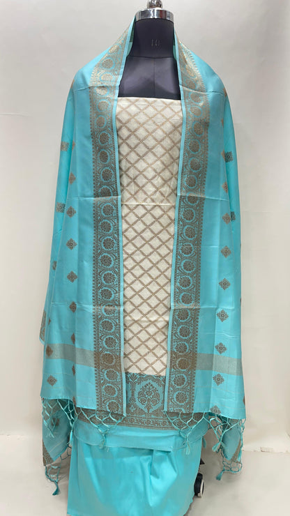 Faishana Presents Off white Semi Katan Silk Checkered Striped 3 pcs Suit Set with Contrast Sky Blue Plain Bottom and Floral Zari Booti Sky Blue Dupatta ASD_129