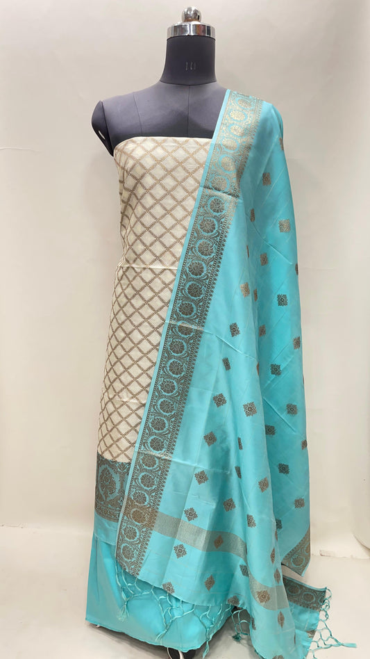 Faishana Presents Off white Semi Katan Silk Checkered Striped 3 pcs Suit Set with Contrast Sky Blue Plain Bottom and Floral Zari Booti Sky Blue Dupatta ASD_129