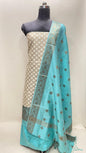 Faishana Presents Off white Semi Katan Silk Checkered Striped 3 pcs Suit Set with Contrast Sky Blue Plain Bottom and Floral Zari Booti Sky Blue Dupatta ASD_129