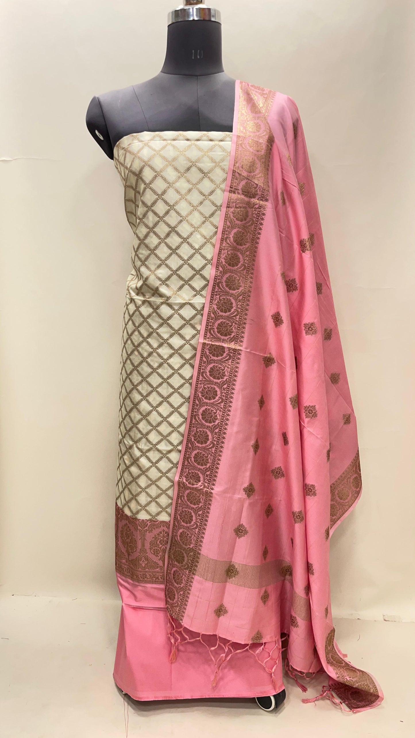 Faishana Presents Off white Semi Katan Silk Checkered Striped 3 pcs Suit Set with Contrast Baby Pink Plain Bottom and Floral Zari Booti Baby Pink Dupatta ASD_130