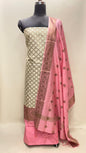 Faishana Presents Off white Semi Katan Silk Checkered Striped 3 pcs Suit Set with Contrast Baby Pink Plain Bottom and Floral Zari Booti Baby Pink Dupatta ASD_130