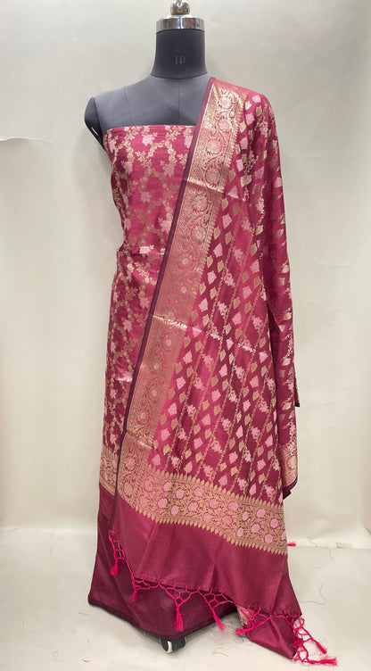 Faishana Presents Magenta Floral Minakari Zari Jaal 3 pcs Suit Set with Plain Bottom and Lehariya Stripe Minakari Booti Magenta Dupatta ASD_131