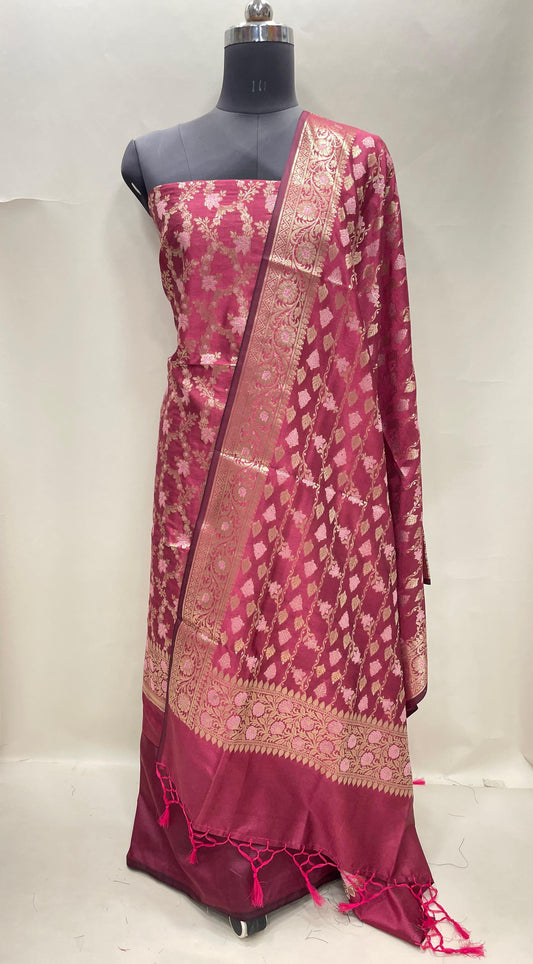 Faishana Presents Magenta Floral Minakari Zari Jaal 3 pcs Suit Set with Plain Bottom and Lehariya Stripe Minakari Booti Magenta Dupatta ASD_131
