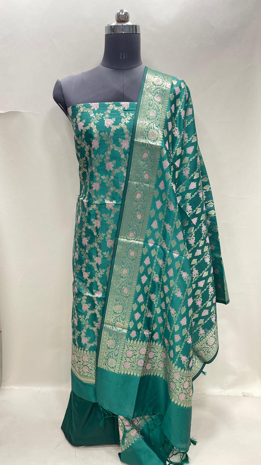 Faishana Presents Sea Green Floral Minakari Zari Jaal 3 pcs Suit Set with Plain Bottom and Lehariya Stripe Minakari Booti Sea Green Dupatta ASD_132