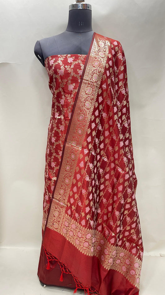 Faishana Presents Red Floral Minakari Zari Jaal 3 pcs Suit Set with Plain Bottom and Lehariya Stripe Minakari Booti Red Dupatta ASD_133