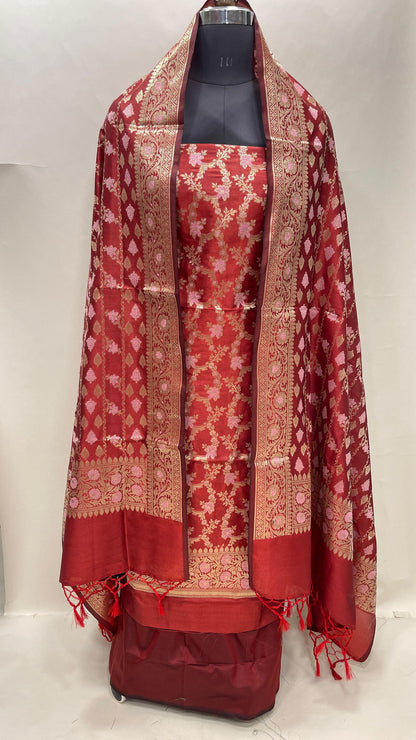 Faishana Presents Red Floral Minakari Zari Jaal 3 pcs Suit Set with Plain Bottom and Lehariya Stripe Minakari Booti Red Dupatta ASD_133