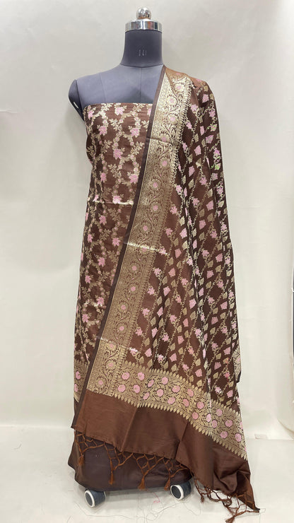 Faishana Presents Brown Magenta Floral Minakari Zari Jaal 3 pcs Suit Set with Plain Bottom and Lehariya Stripe Minakari Booti Brown Dupatta ASD_134