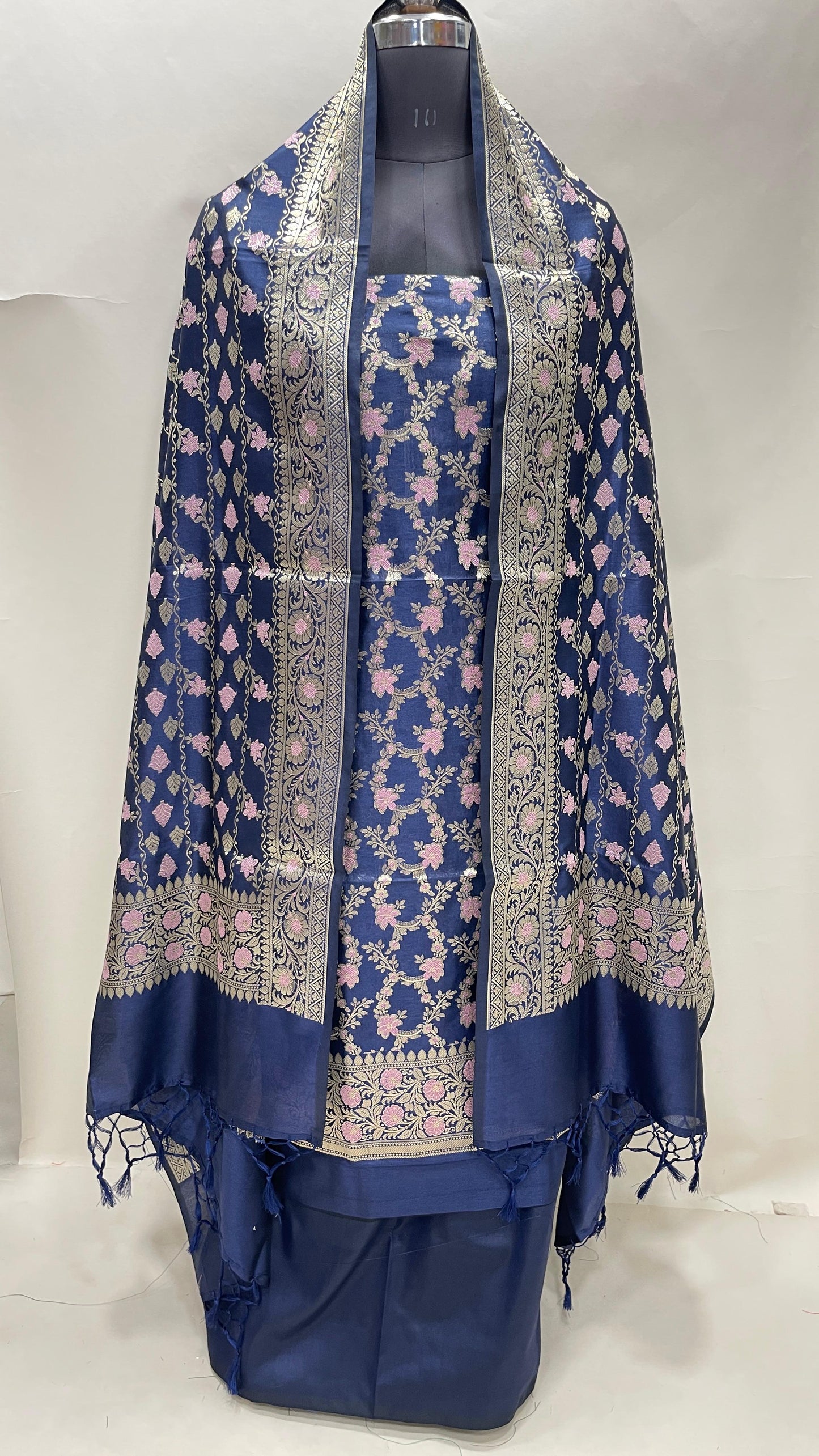 Faishana Presents Navy Blue Floral Minakari Zari Jaal 3 pcs Suit Set with Plain Bottom and Lehariya Stripe Minakari Booti Navy Blue Dupatta ASD_136