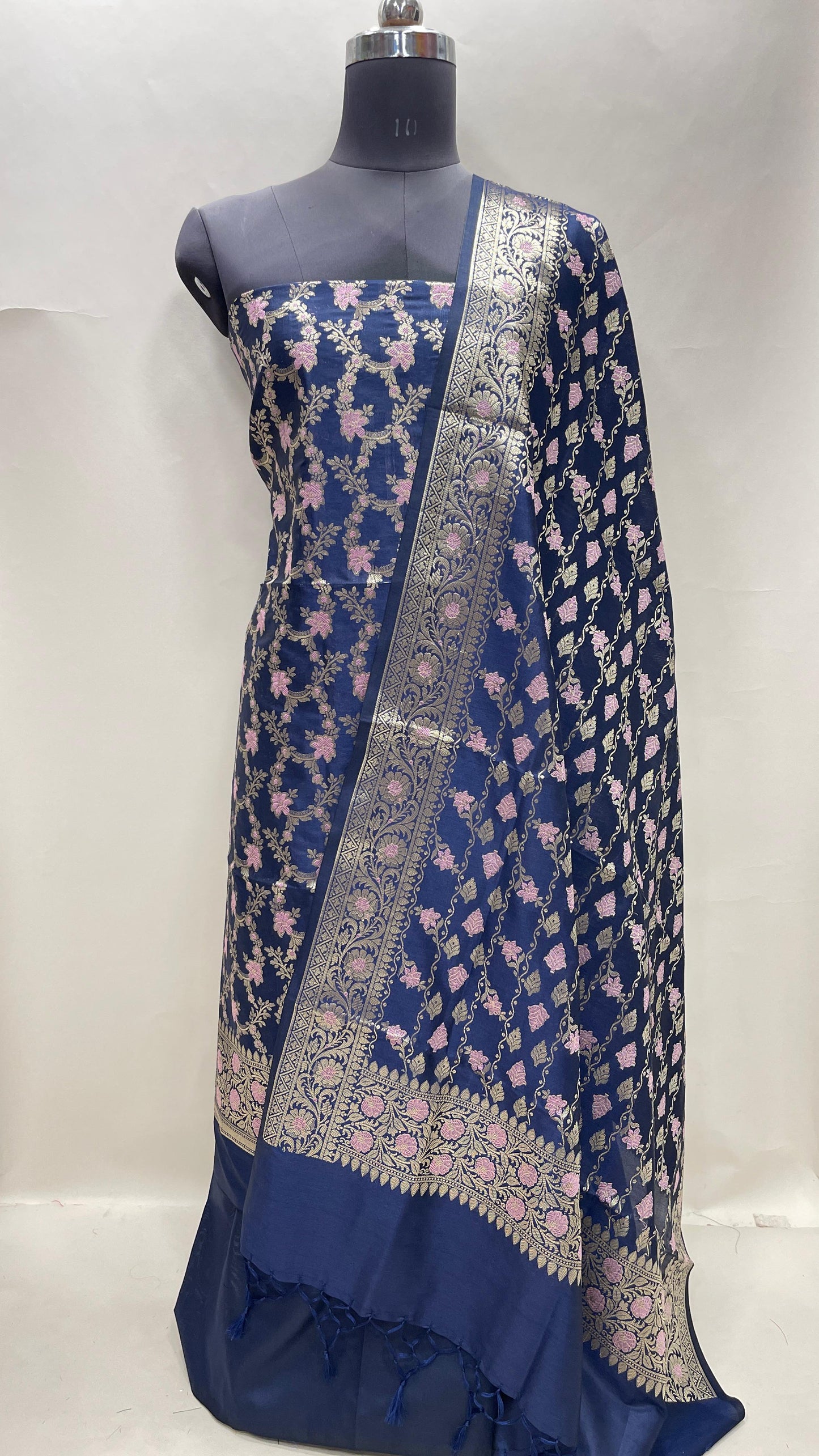 Faishana Presents Navy Blue Floral Minakari Zari Jaal 3 pcs Suit Set with Plain Bottom and Lehariya Stripe Minakari Booti Navy Blue Dupatta ASD_136