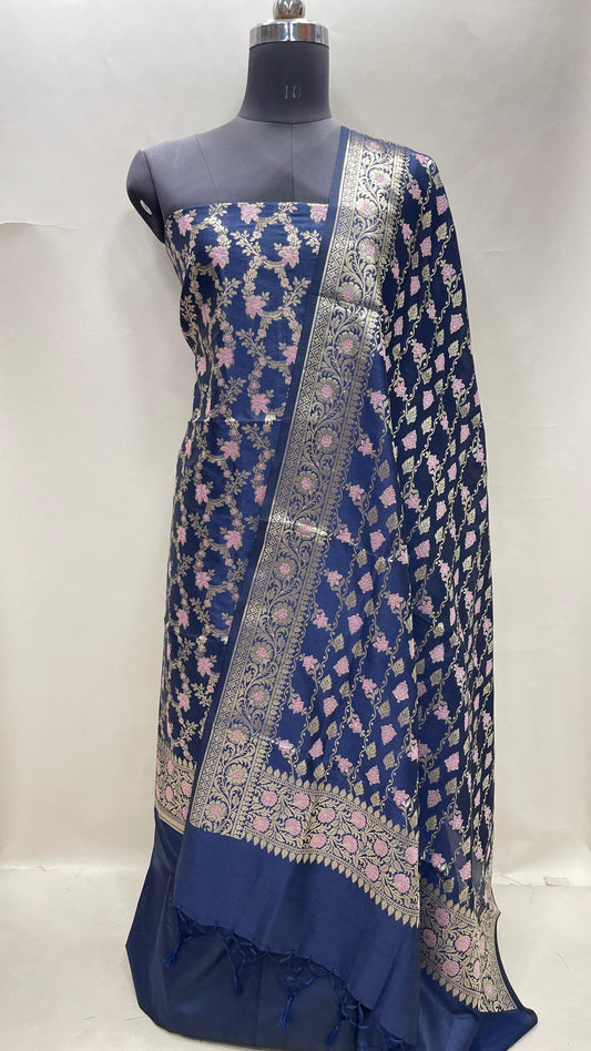 Faishana Presents Navy Blue Floral Minakari Zari Jaal 3 pcs Suit Set with Plain Bottom and Lehariya Stripe Minakari Booti Navy Blue Dupatta ASD_136