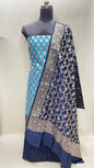 Faishana Presents Sky Blue Floral Zari Booti 3 pcs Suit Set with Contrast Navy Blue Plain Bottom and Floral Minakari Zari Jaal Navy Blue Dupatta ASD_137