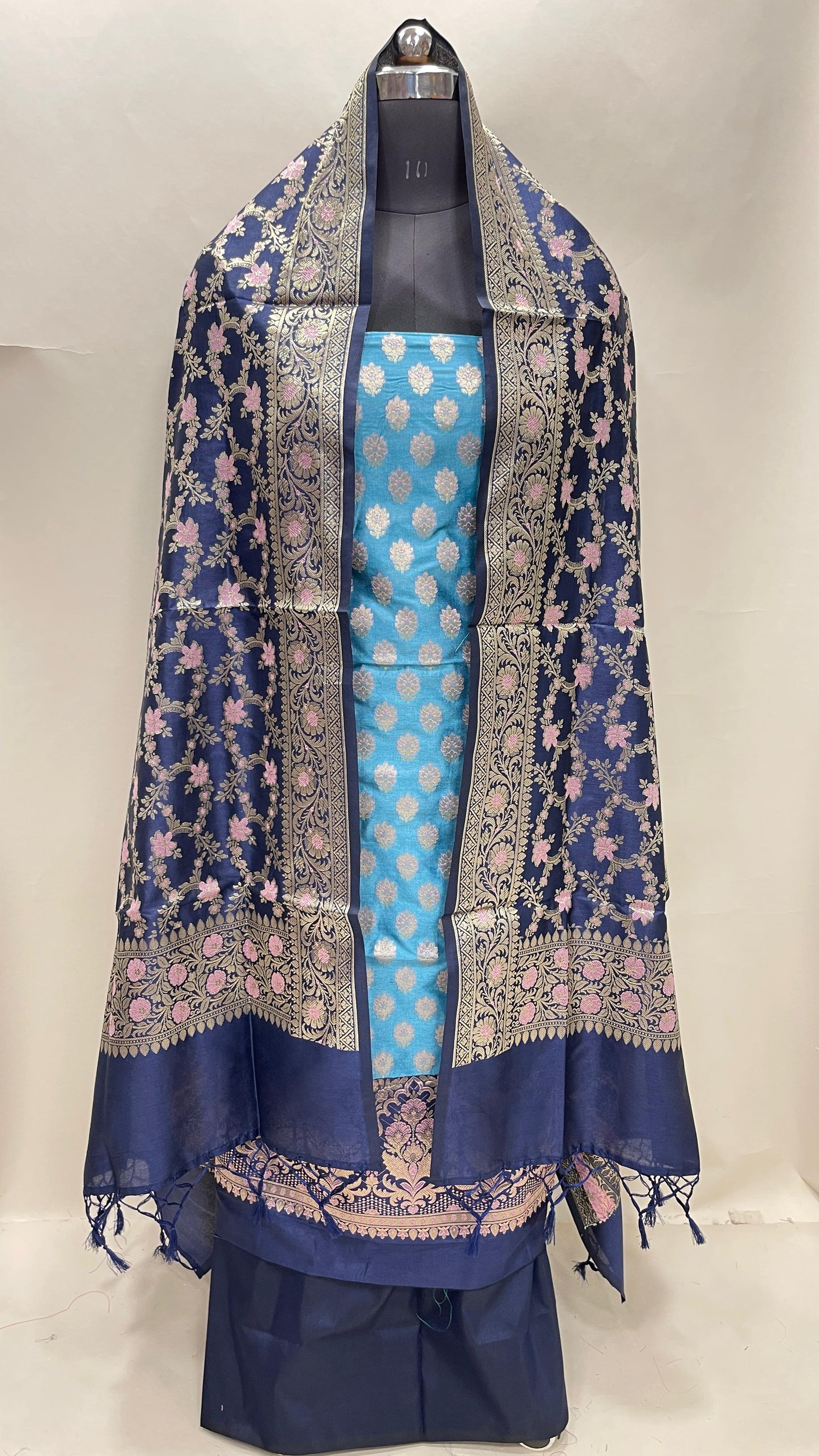 Faishana Presents Sky Blue Floral Zari Booti 3 pcs Suit Set with Contrast Navy Blue Plain Bottom and Floral Minakari Zari Jaal Navy Blue Dupatta ASD_137