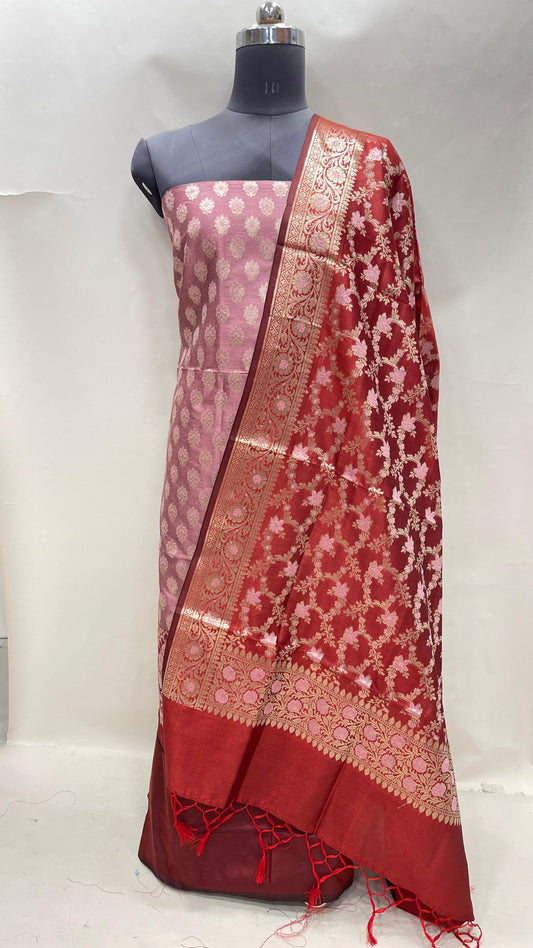 Faishana Presents Rose Pink Floral Zari Booti 3 pcs Suit Set with Contrast Red Plain Bottom and Floral Minakari Zari Jaal Red Dupatta ASD_139