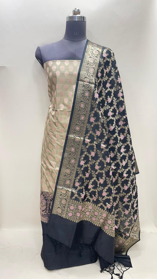 Faishana Presents Olive Green Floral Zari Booti 3 pcs Suit Set with Contrast Black Plain Bottom and Floral Minakari Zari Jaal Black Dupatta ASD_140