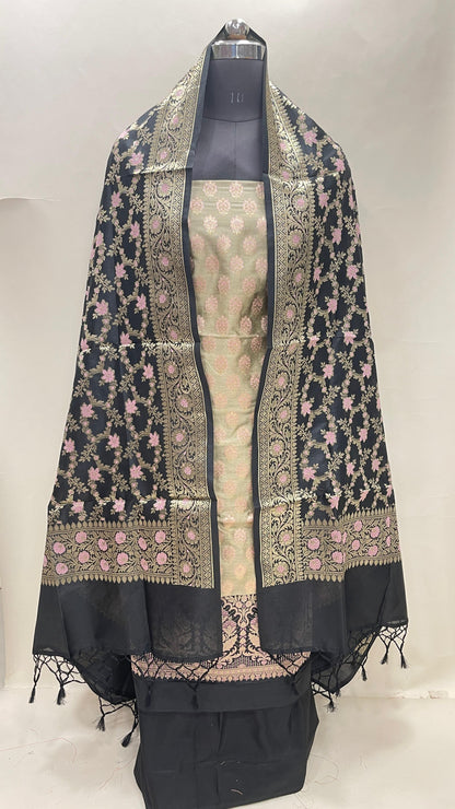 Faishana Presents Olive Green Floral Zari Booti 3 pcs Suit Set with Contrast Black Plain Bottom and Floral Minakari Zari Jaal Black Dupatta ASD_140