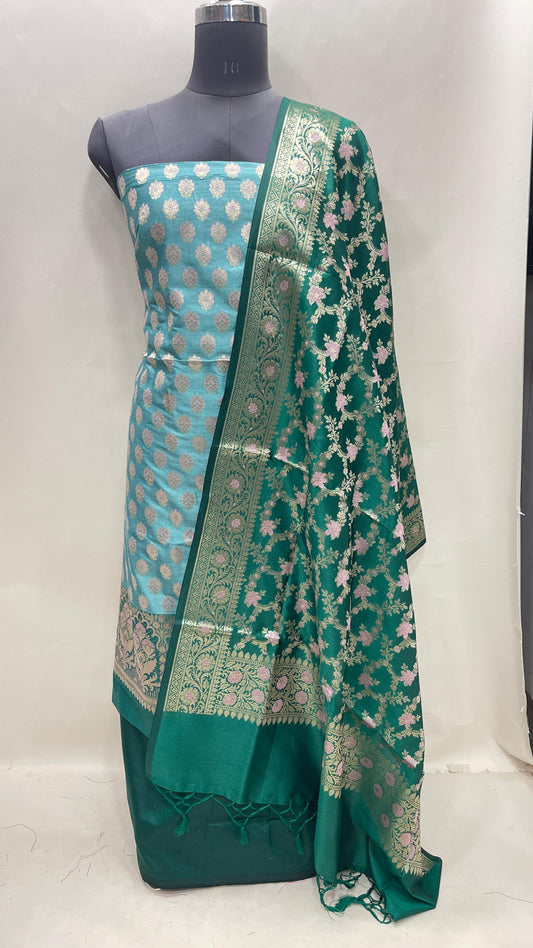 Faishana Presents Sea Green Floral Zari Booti 3 pcs Suit Set with Contrast Dark Green Plain Bottom and Floral Minakari Zari Jaal Dark Green Dupatta ASD_141