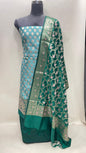 Faishana Presents Sea Green Floral Zari Booti 3 pcs Suit Set with Contrast Dark Green Plain Bottom and Floral Minakari Zari Jaal Dark Green Dupatta ASD_141