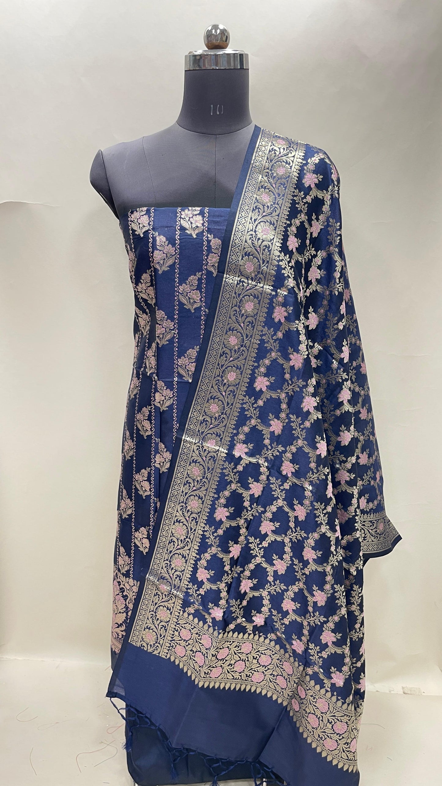 Faishana Presents Navy Blue Semi Katan Silk Floral Minakari Booti Stripe 3 pcs Suit Set with Plain Bottom and Minakari Floral Zari Jaal Navy Blue Dupatta ASD_142