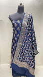 Faishana Presents Navy Blue Semi Katan Silk Floral Minakari Booti Stripe 3 pcs Suit Set with Plain Bottom and Minakari Floral Zari Jaal Navy Blue Dupatta ASD_142